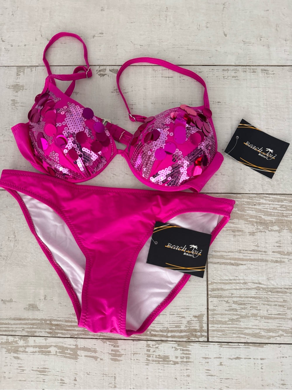 Beach Day Sequin Push-Up Bikini Set - Hot Pink